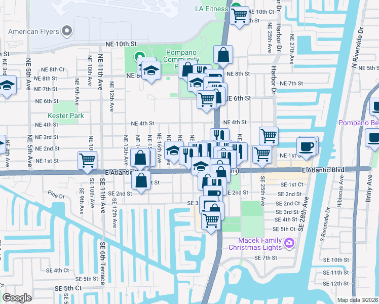 map of restaurants, bars, coffee shops, grocery stores, and more near 1950 Northeast 2nd Street in Pompano Beach