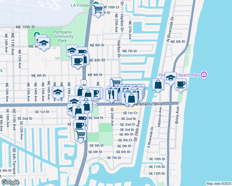 map of restaurants, bars, coffee shops, grocery stores, and more near 2509 Northeast 2nd Street in Pompano Beach