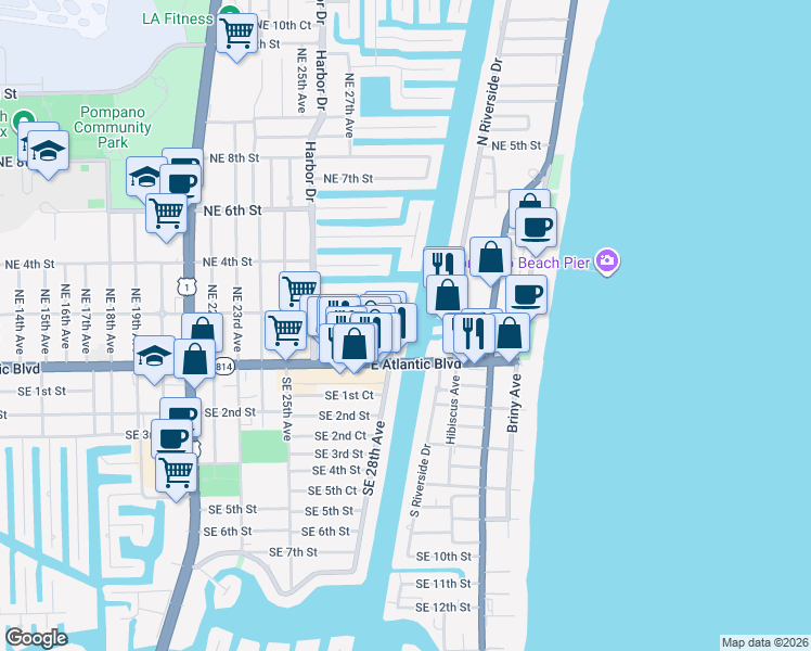 map of restaurants, bars, coffee shops, grocery stores, and more near 140 Northeast 28th Avenue in Pompano Beach