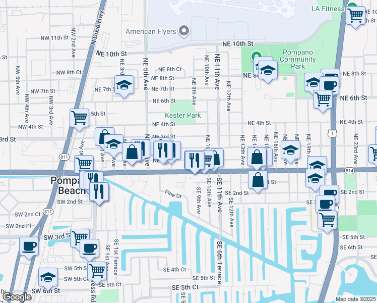 map of restaurants, bars, coffee shops, grocery stores, and more near 727 Northeast 2nd Street in Pompano Beach