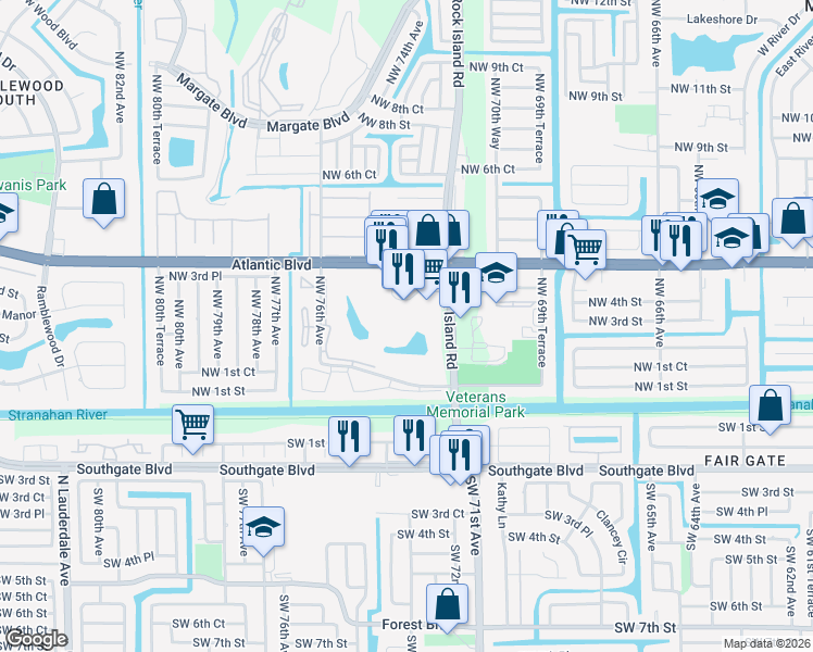 map of restaurants, bars, coffee shops, grocery stores, and more near 8 Lake Circle Drive in Margate