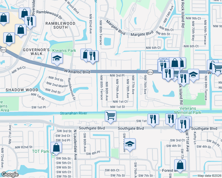 map of restaurants, bars, coffee shops, grocery stores, and more near 217 Northwest 79th Terrace in Margate