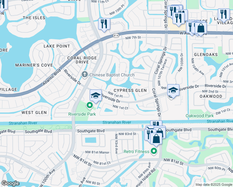 map of restaurants, bars, coffee shops, grocery stores, and more near 11224 Northwest 2nd Court in Coral Springs