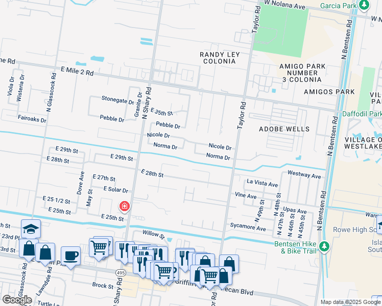 map of restaurants, bars, coffee shops, grocery stores, and more near 2506 Nicole Drive in Mission