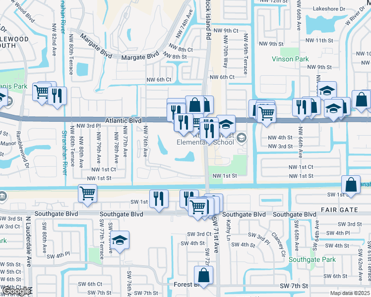 map of restaurants, bars, coffee shops, grocery stores, and more near 8 Lake Circle Drive in Margate