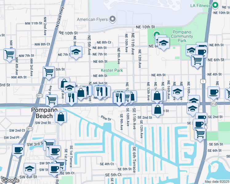 map of restaurants, bars, coffee shops, grocery stores, and more near 727 Northeast 2nd Street in Pompano Beach