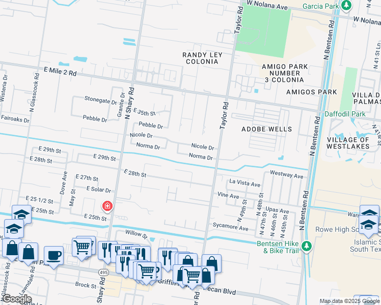 map of restaurants, bars, coffee shops, grocery stores, and more near 2506 Nicole Drive in Mission