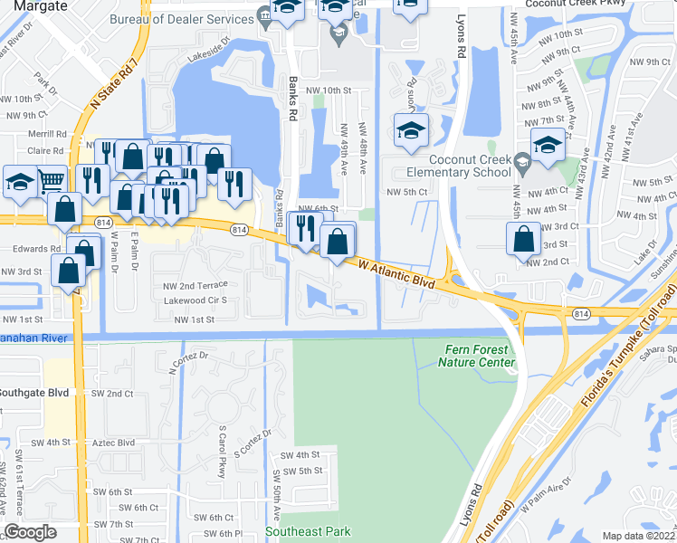 map of restaurants, bars, coffee shops, grocery stores, and more near 4900 West Atlantic Boulevard in Margate