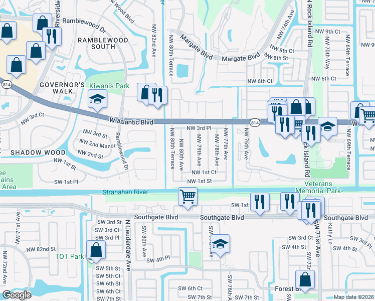 map of restaurants, bars, coffee shops, grocery stores, and more near 217 Northwest 79th Terrace in Margate