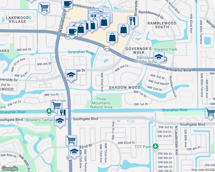 map of restaurants, bars, coffee shops, grocery stores, and more near 235 Northwest 91st Avenue in Coral Springs