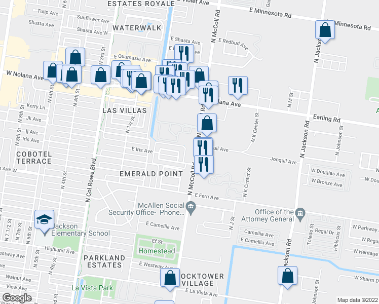 map of restaurants, bars, coffee shops, grocery stores, and more near 3417 North McColl Road in McAllen