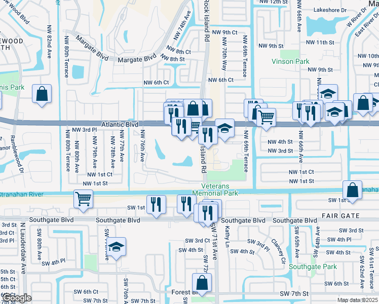 map of restaurants, bars, coffee shops, grocery stores, and more near 8 Lake Circle Drive in Margate
