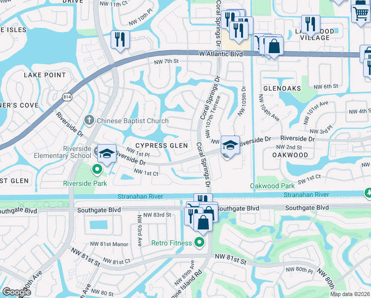 map of restaurants, bars, coffee shops, grocery stores, and more near 11010 Northwest 2nd Street in Coral Springs