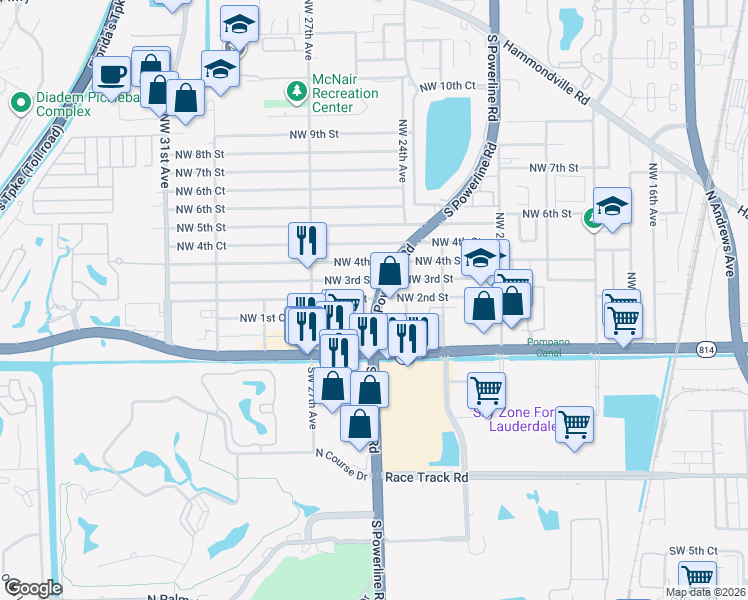 map of restaurants, bars, coffee shops, grocery stores, and more near 2414 Northwest 2nd Street in Pompano Beach