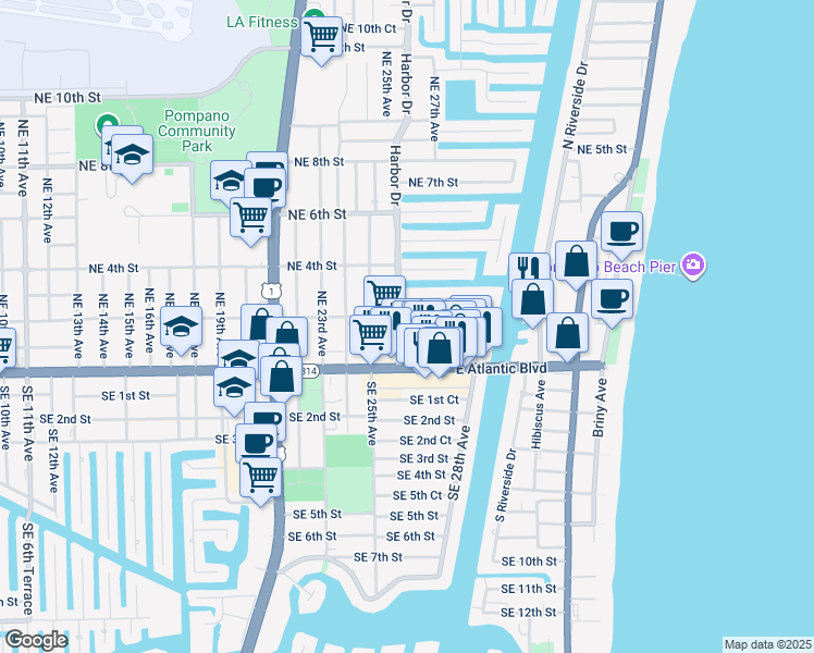 map of restaurants, bars, coffee shops, grocery stores, and more near 2631 Northeast 1st Street in Pompano Beach