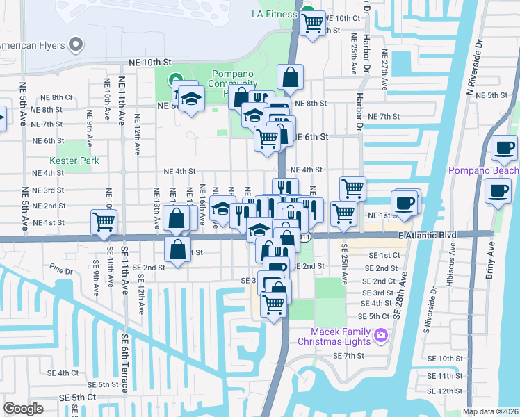 map of restaurants, bars, coffee shops, grocery stores, and more near 1950 Northeast 2nd Street in Pompano Beach