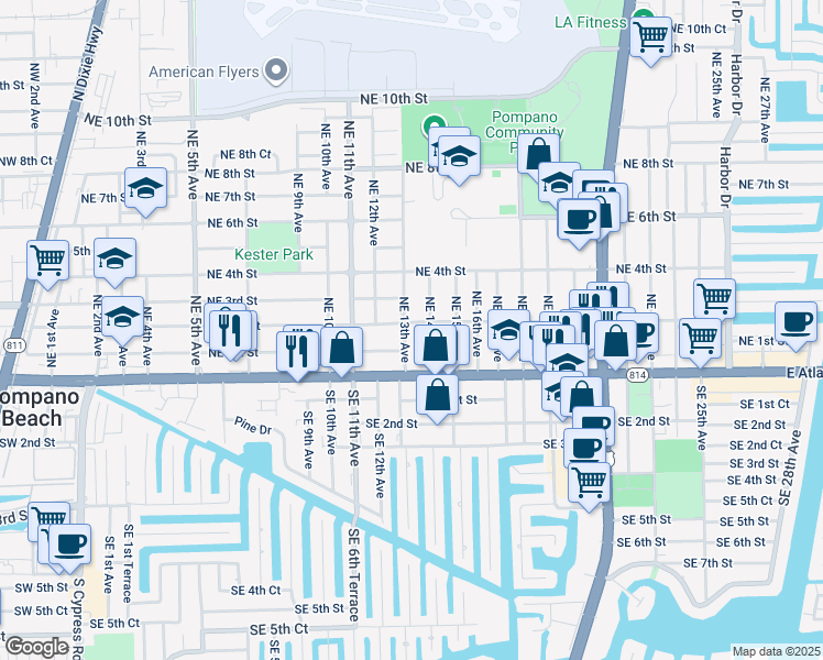 map of restaurants, bars, coffee shops, grocery stores, and more near 1300 Northeast 2nd Street in Pompano Beach