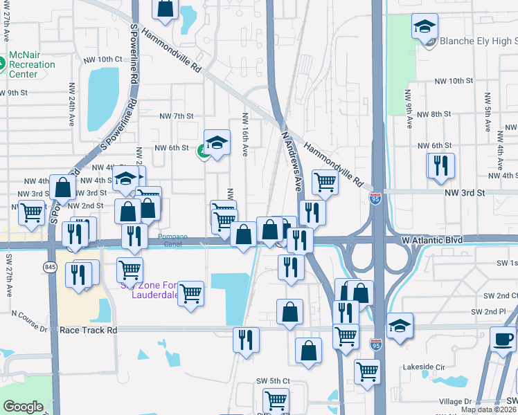 map of restaurants, bars, coffee shops, grocery stores, and more near 1516 Northwest 2nd Street in Pompano Beach