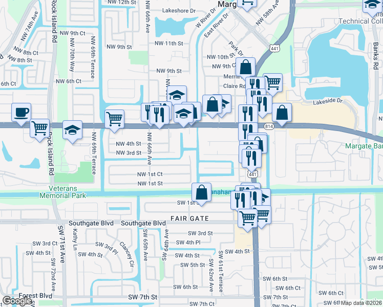 map of restaurants, bars, coffee shops, grocery stores, and more near 6083 Northwest 3rd Street in Margate