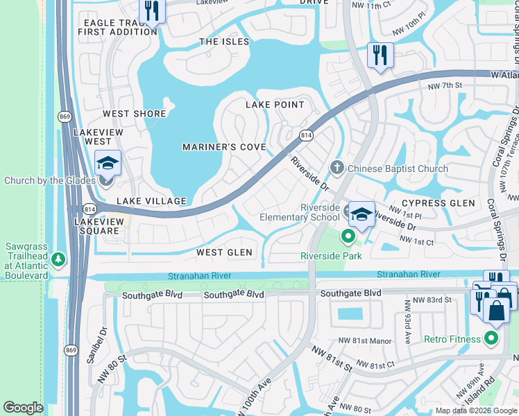 map of restaurants, bars, coffee shops, grocery stores, and more near 239 Northwest 119th Way in Coral Springs