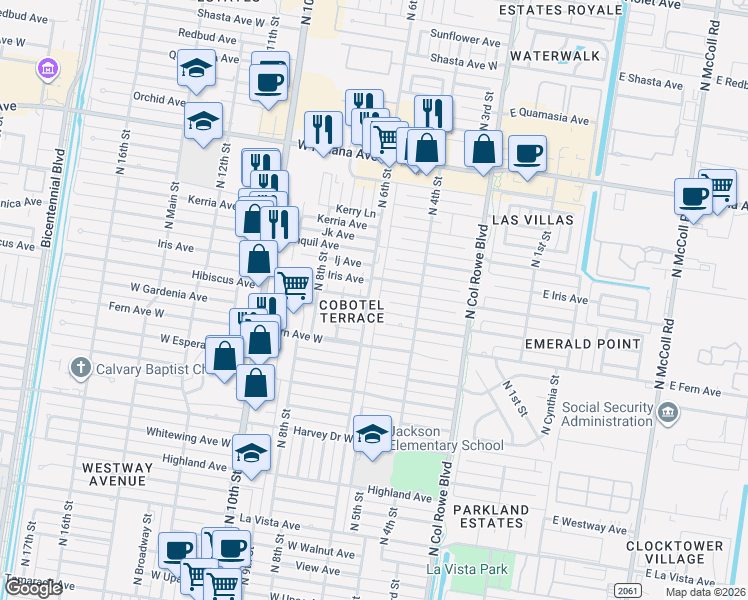 map of restaurants, bars, coffee shops, grocery stores, and more near 3404 North 6th Street in McAllen