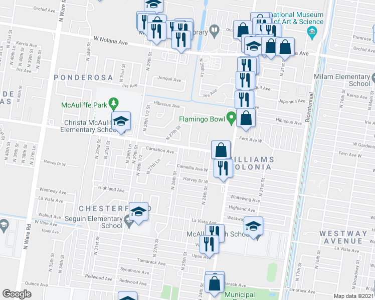 map of restaurants, bars, coffee shops, grocery stores, and more near 2925 North 25 1/2 Street in McAllen