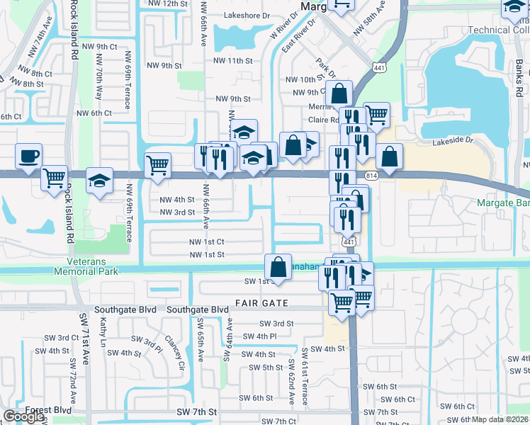 map of restaurants, bars, coffee shops, grocery stores, and more near 6083 Northwest 3rd Street in Margate