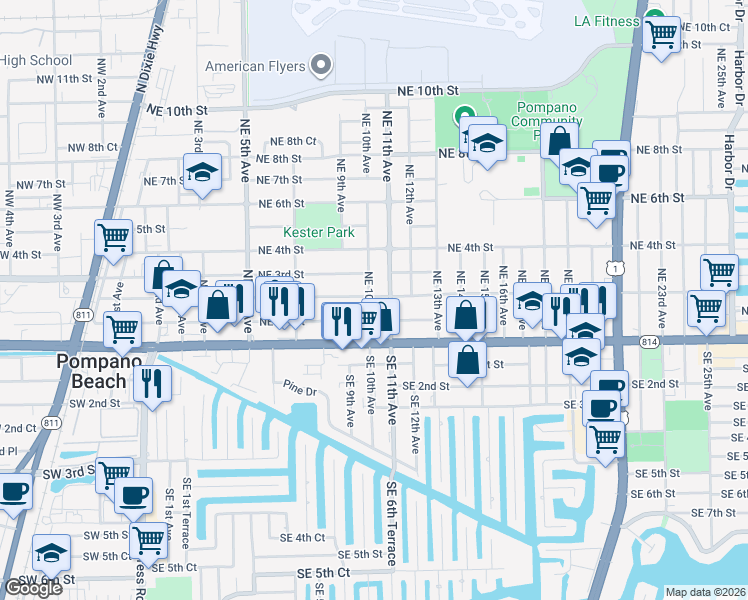 map of restaurants, bars, coffee shops, grocery stores, and more near 118 Northeast 10th Avenue in Pompano Beach