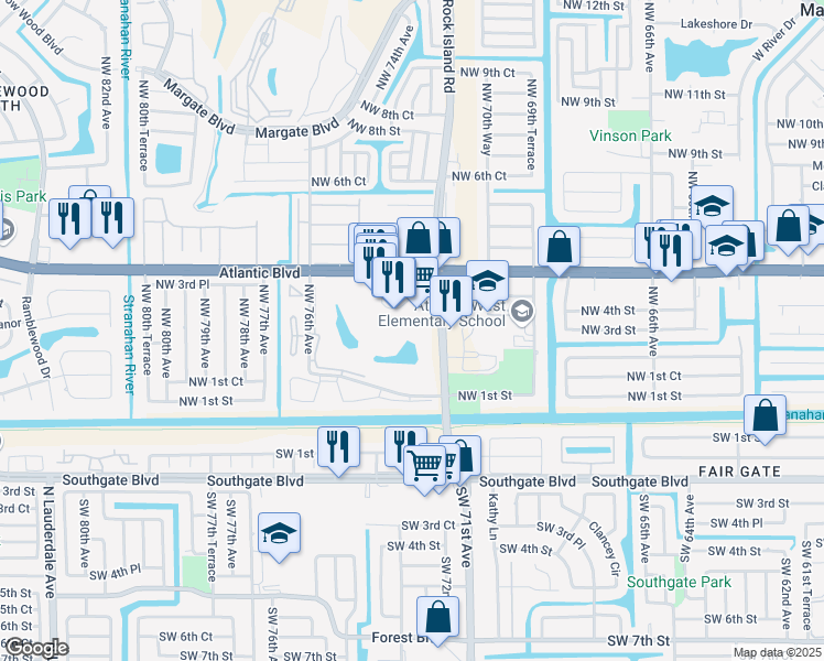 map of restaurants, bars, coffee shops, grocery stores, and more near 8 Lake Circle Drive in Margate