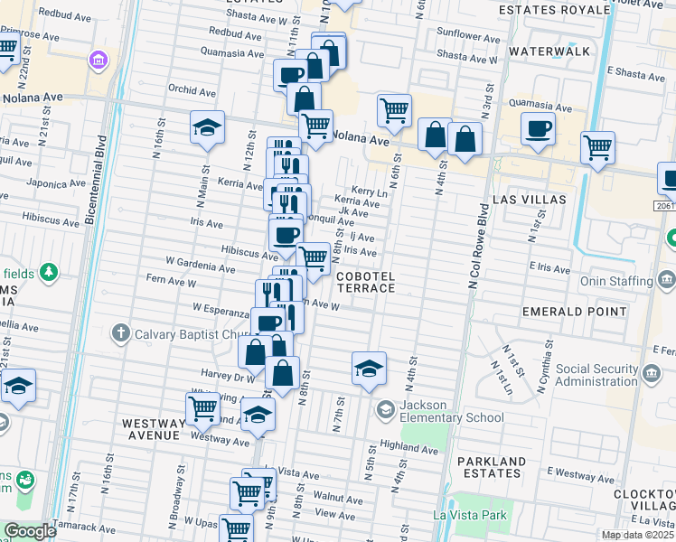 map of restaurants, bars, coffee shops, grocery stores, and more near 23 North 8th Street in McAllen