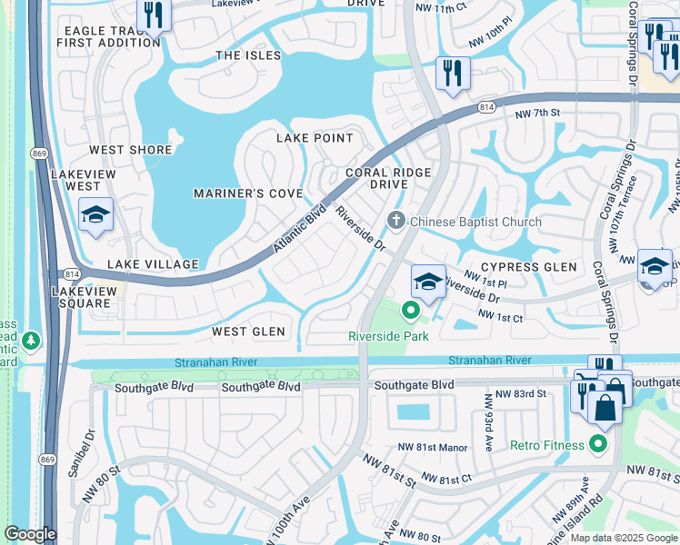 map of restaurants, bars, coffee shops, grocery stores, and more near 11857 Northwest 2nd Street in Coral Springs