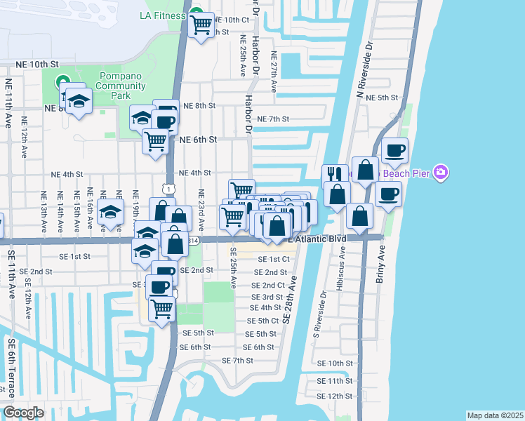 map of restaurants, bars, coffee shops, grocery stores, and more near 2621 Northeast 1st Street in Pompano Beach