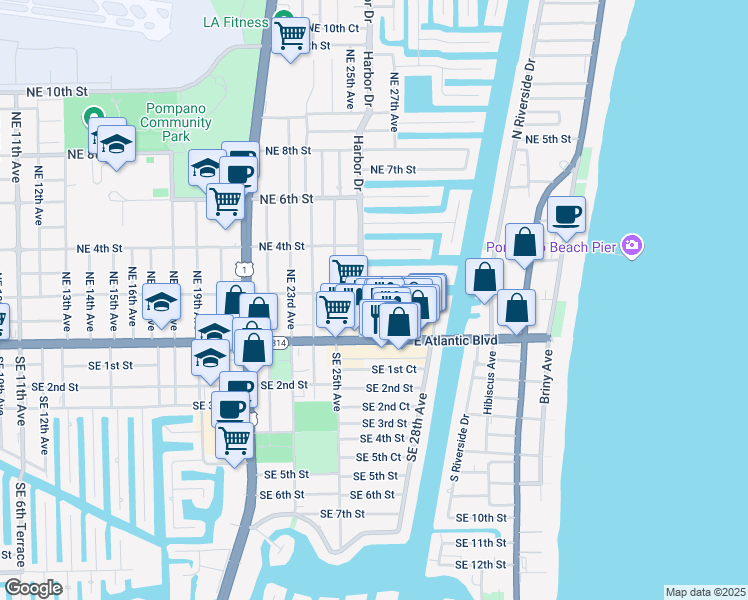 map of restaurants, bars, coffee shops, grocery stores, and more near 2631 Northeast 1st Street in Pompano Beach