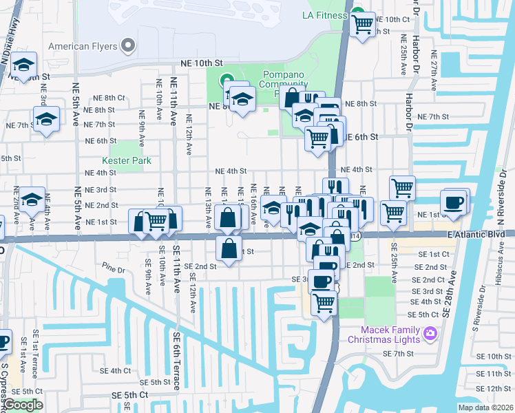 map of restaurants, bars, coffee shops, grocery stores, and more near 1600 Northeast 2nd Street in Pompano Beach