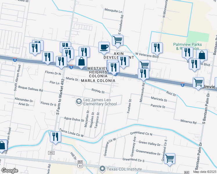 map of restaurants, bars, coffee shops, grocery stores, and more near 237 Greene Road in Palmview