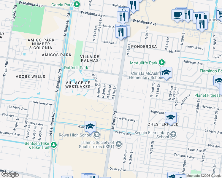 map of restaurants, bars, coffee shops, grocery stores, and more near 2808 North 38th Street in McAllen