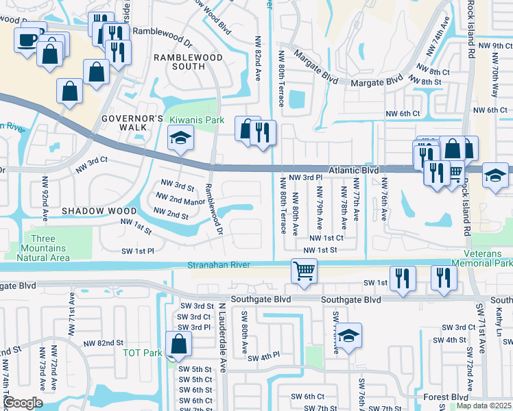 map of restaurants, bars, coffee shops, grocery stores, and more near 248 Northwest 81st Terrace in Coral Springs