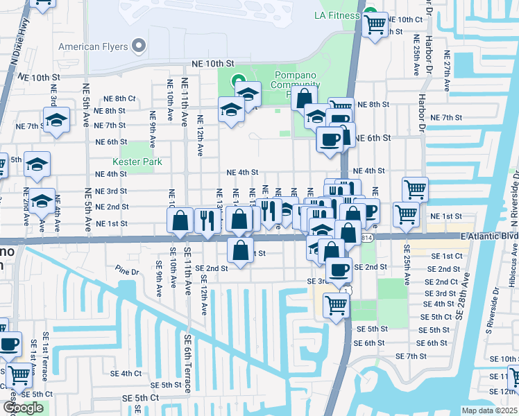 map of restaurants, bars, coffee shops, grocery stores, and more near 1504 Northeast 2nd Street in Pompano Beach