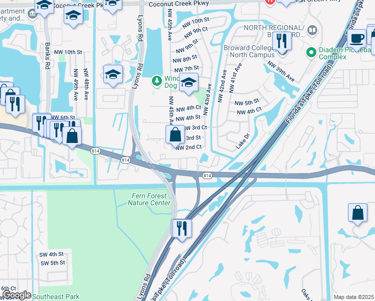 map of restaurants, bars, coffee shops, grocery stores, and more near 4400 Northwest 2nd Court in Coconut Creek