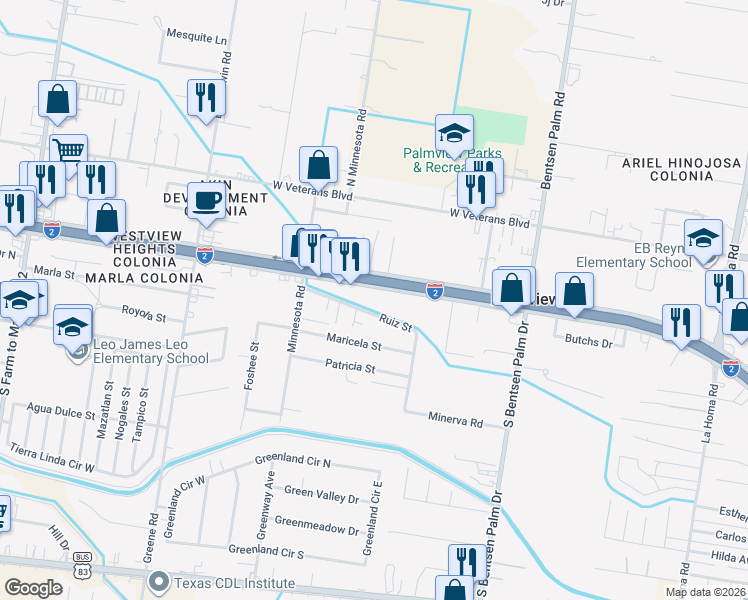 map of restaurants, bars, coffee shops, grocery stores, and more near 605 West Palma Vista Drive in Palmview