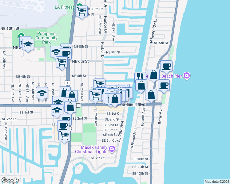 map of restaurants, bars, coffee shops, grocery stores, and more near 2631 Northeast 1st Street in Pompano Beach