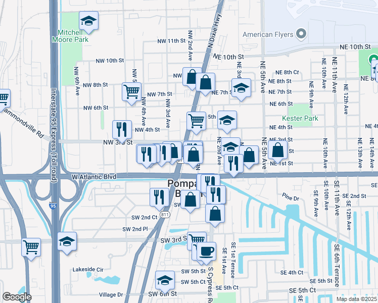 map of restaurants, bars, coffee shops, grocery stores, and more near 229 North Dixie Highway in Pompano Beach