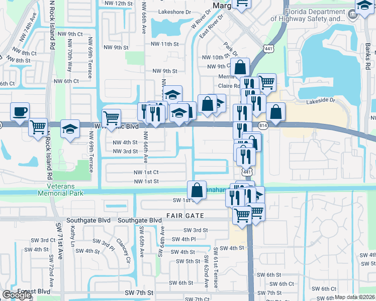 map of restaurants, bars, coffee shops, grocery stores, and more near 6083 Northwest 3rd Street in Margate