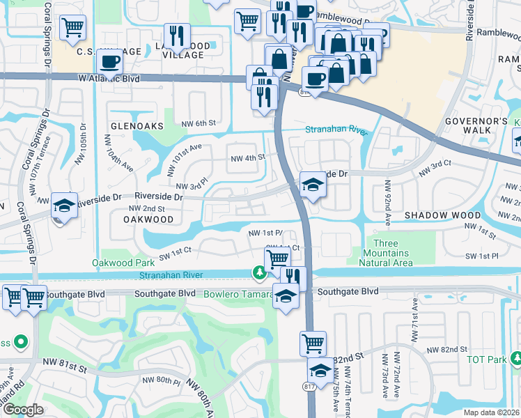 map of restaurants, bars, coffee shops, grocery stores, and more near 160 Northwest 97th Terrace in Coral Springs