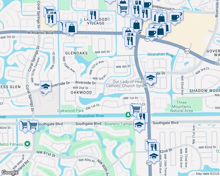 map of restaurants, bars, coffee shops, grocery stores, and more near 9900 Riverside Drive in Coral Springs