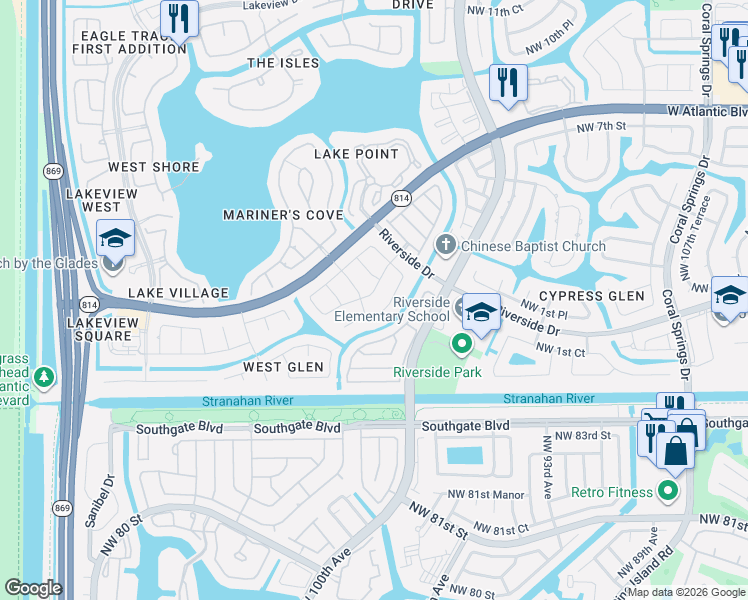 map of restaurants, bars, coffee shops, grocery stores, and more near 11857 Northwest 2nd Street in Coral Springs