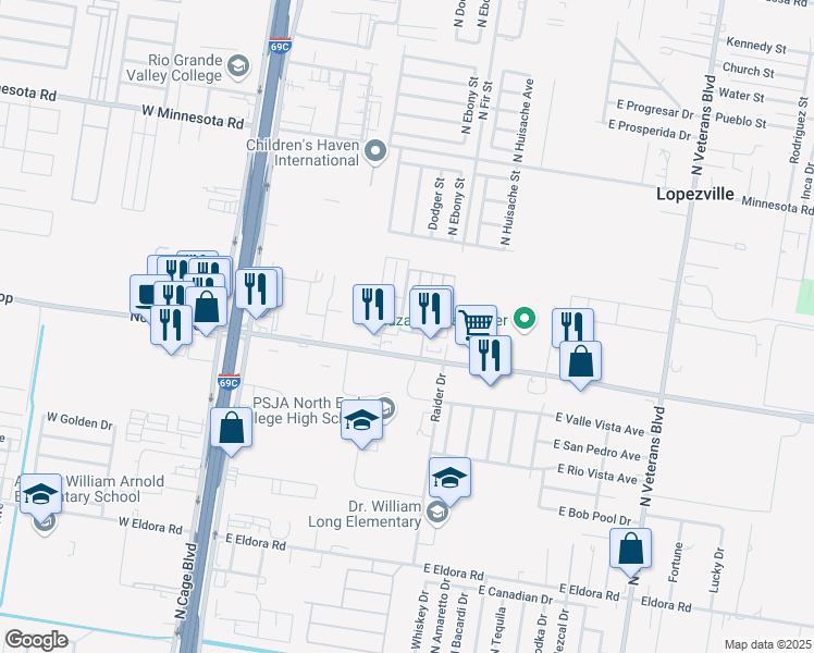 map of restaurants, bars, coffee shops, grocery stores, and more near 4610 North Dogwood Street in Pharr