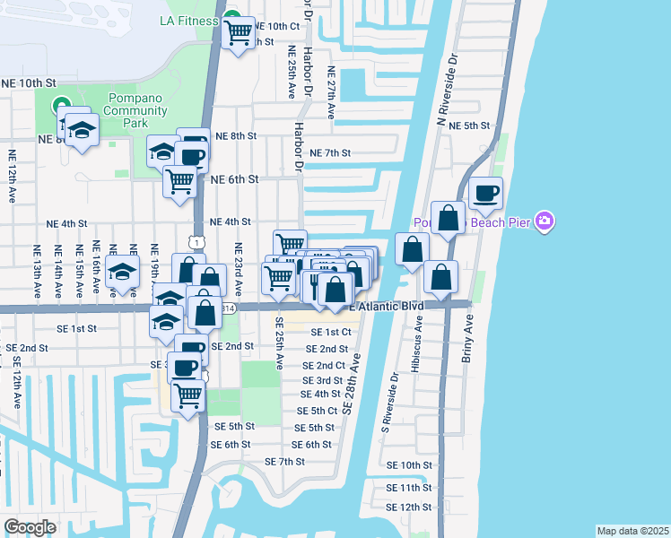 map of restaurants, bars, coffee shops, grocery stores, and more near 2631 Northeast 1st Street in Pompano Beach