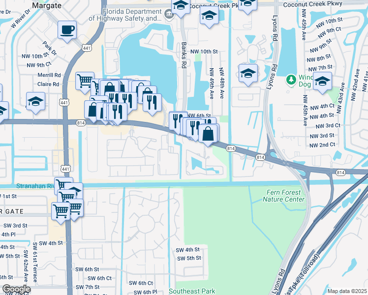 map of restaurants, bars, coffee shops, grocery stores, and more near 333 West Hemingway Circle in Margate