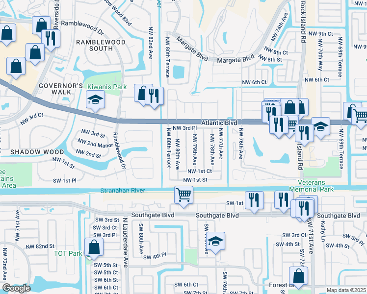 map of restaurants, bars, coffee shops, grocery stores, and more near 217 Northwest 79th Terrace in Margate